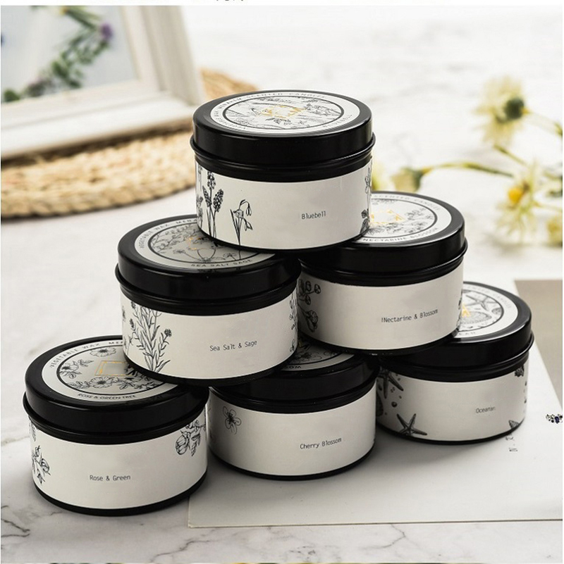 Wholesale personalized hot selling scented black travel candles tins with decal printing and private label